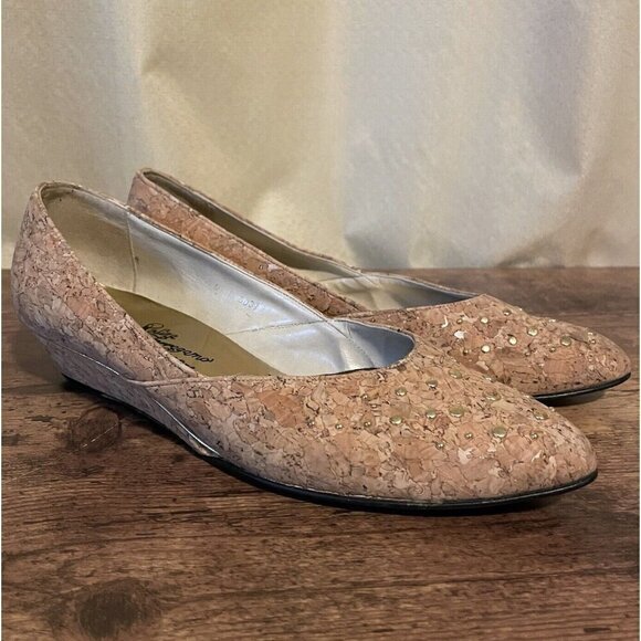 Vintage 1980s Rosina Ferragamo Schiavone Womens Wedge Heel Sz 9 Tan Cork Studded - Picture 1 of 8